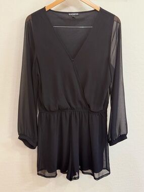 Express Black Long Sleeve Romper with Sheer Sleeves & Surplice V-Neck Size Large